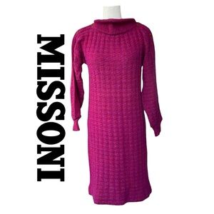 Missoni VTG Pink Red Houndstooth Long Sleeve mock neck OTS Mohair Knit Dress S